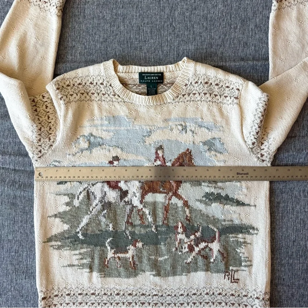 Vintage Ralph Lauren Equestrian Fox Hunt Sweater Size L Handknit Tapestry Horse - Picture 12 of 13